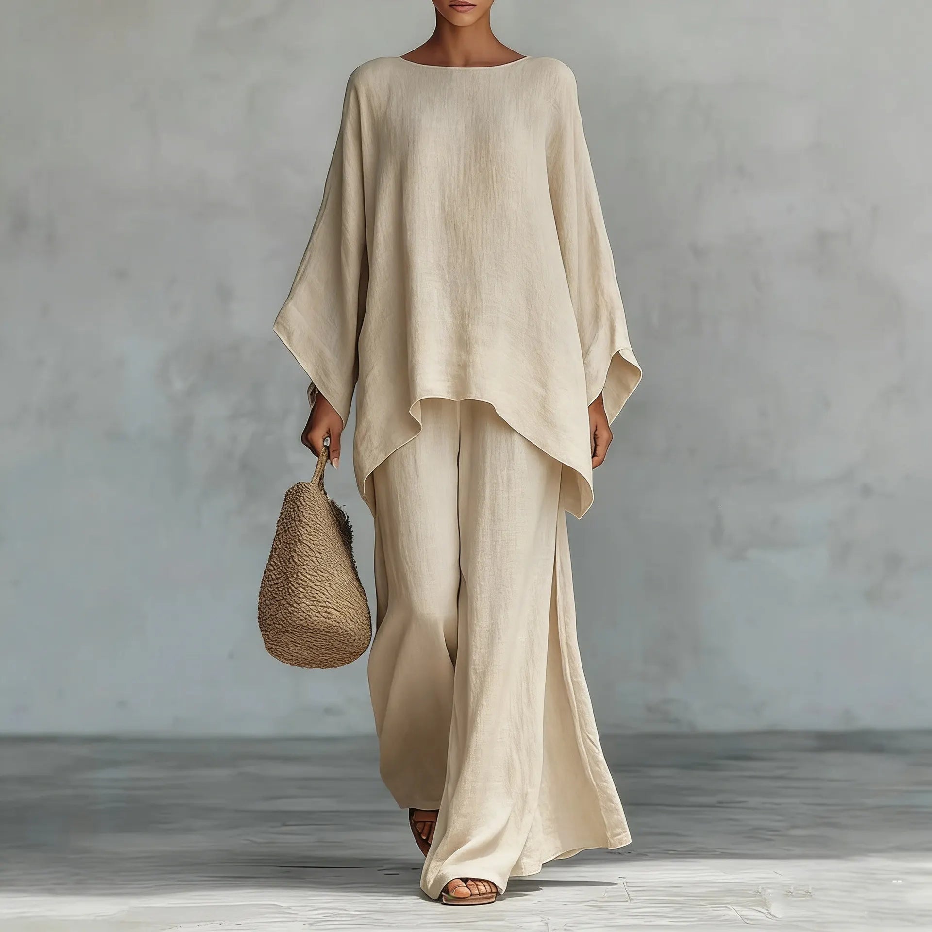 White Linen-Blend Oversized Top & Wide-Leg Pants Set