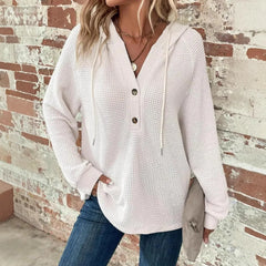 Waffle Knit Hooded Top, V-Neck Button Front Oversized Sweatshirt for Fall