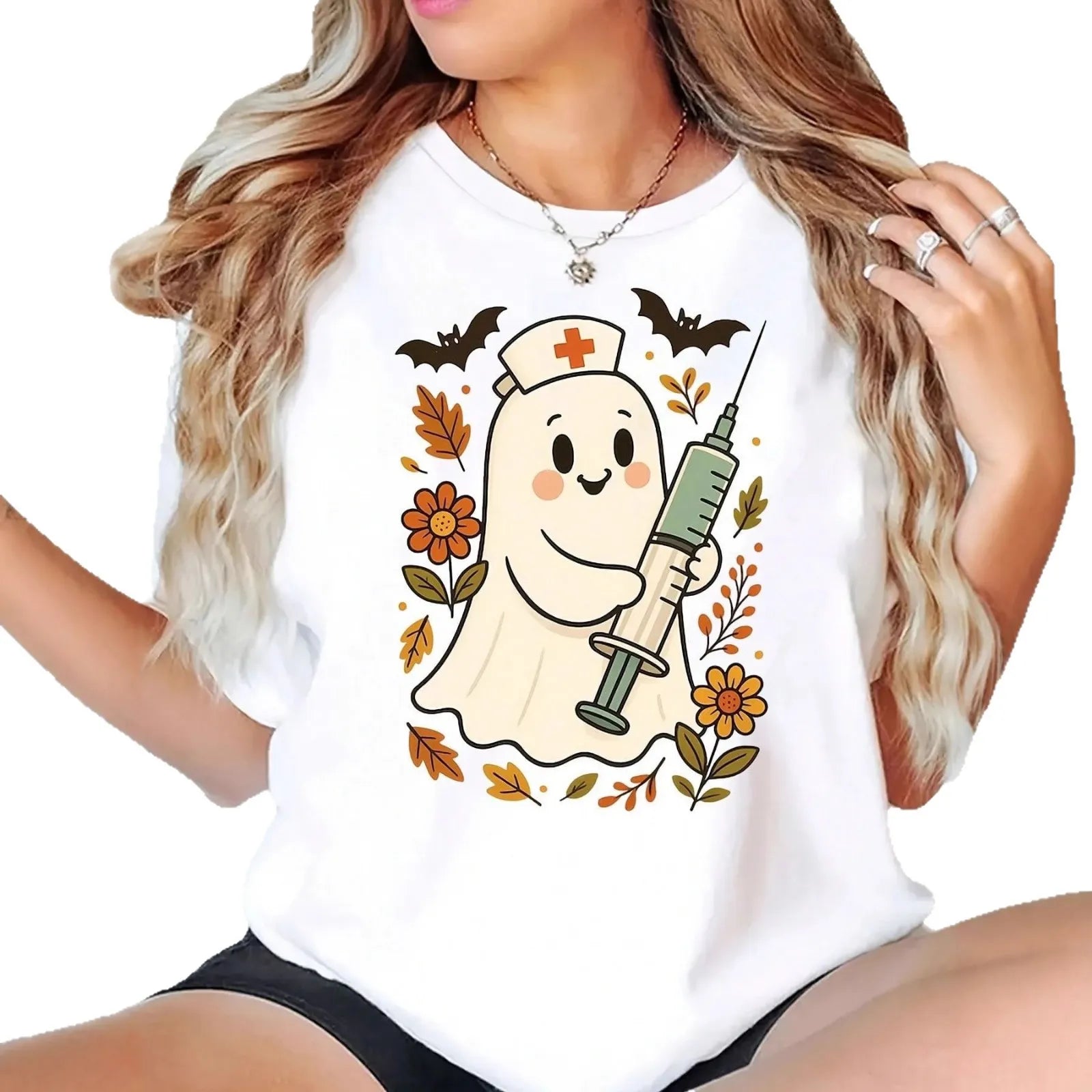 Halloween Nurse Ghost Bat Floral Print Crew Neck Short Sleeve T‑Shirt