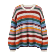 Crew Neck Rainbow Stripe Knit Pullover Sweater