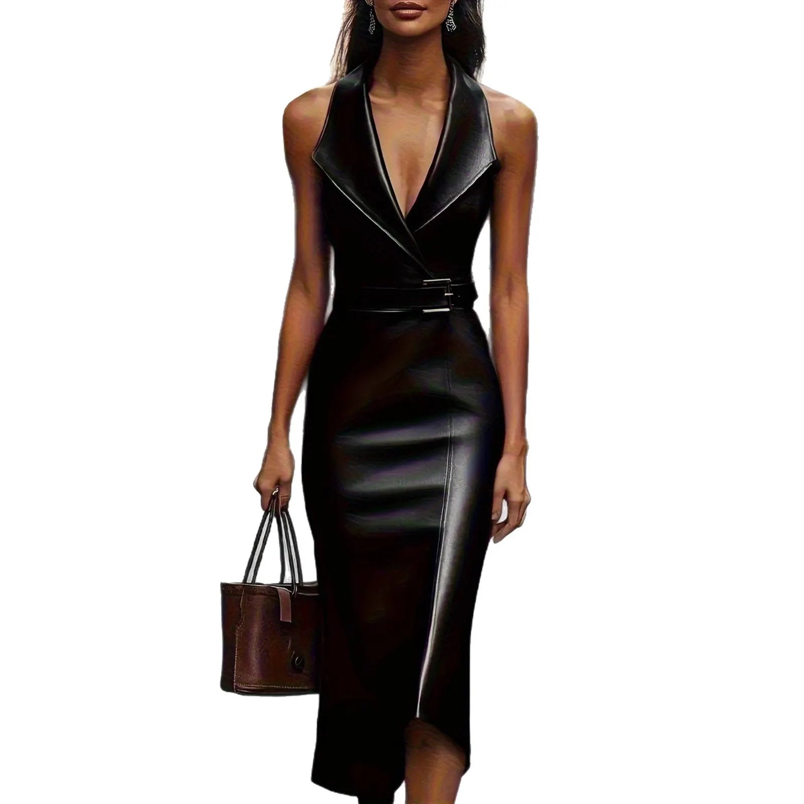 Faux Leather Midi Dress, Sleeveless Blazer Neck Belted Bodycon Formal Dress