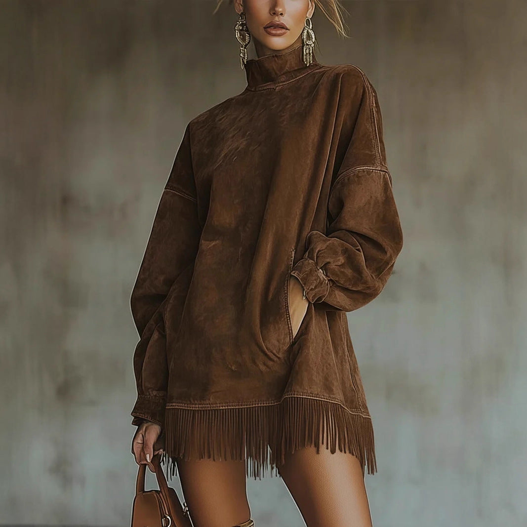 Retro Suede Fringe Hem Turtleneck Tunic Dress
