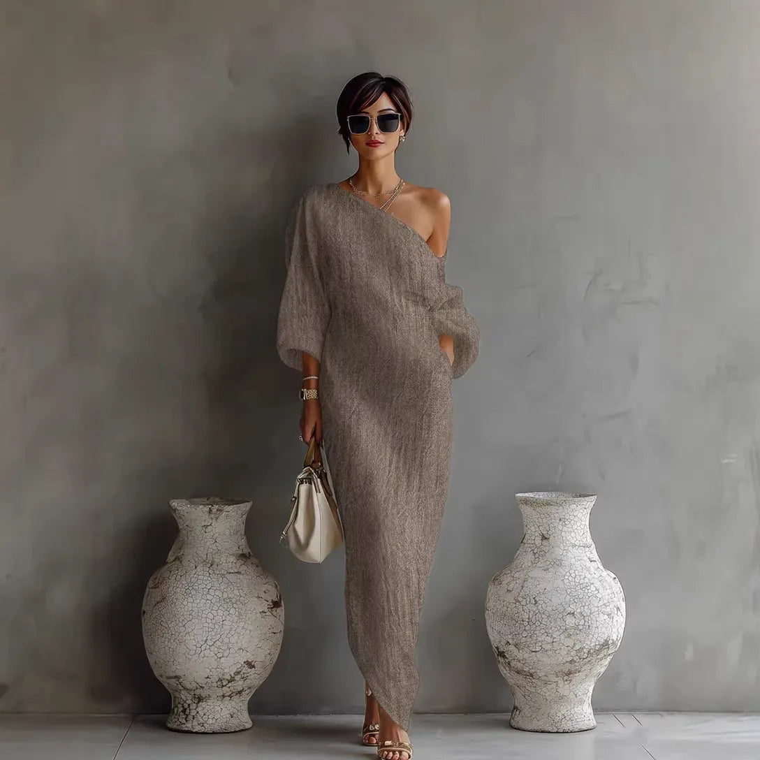 One Shoulder Draped Linen Maxi Dress