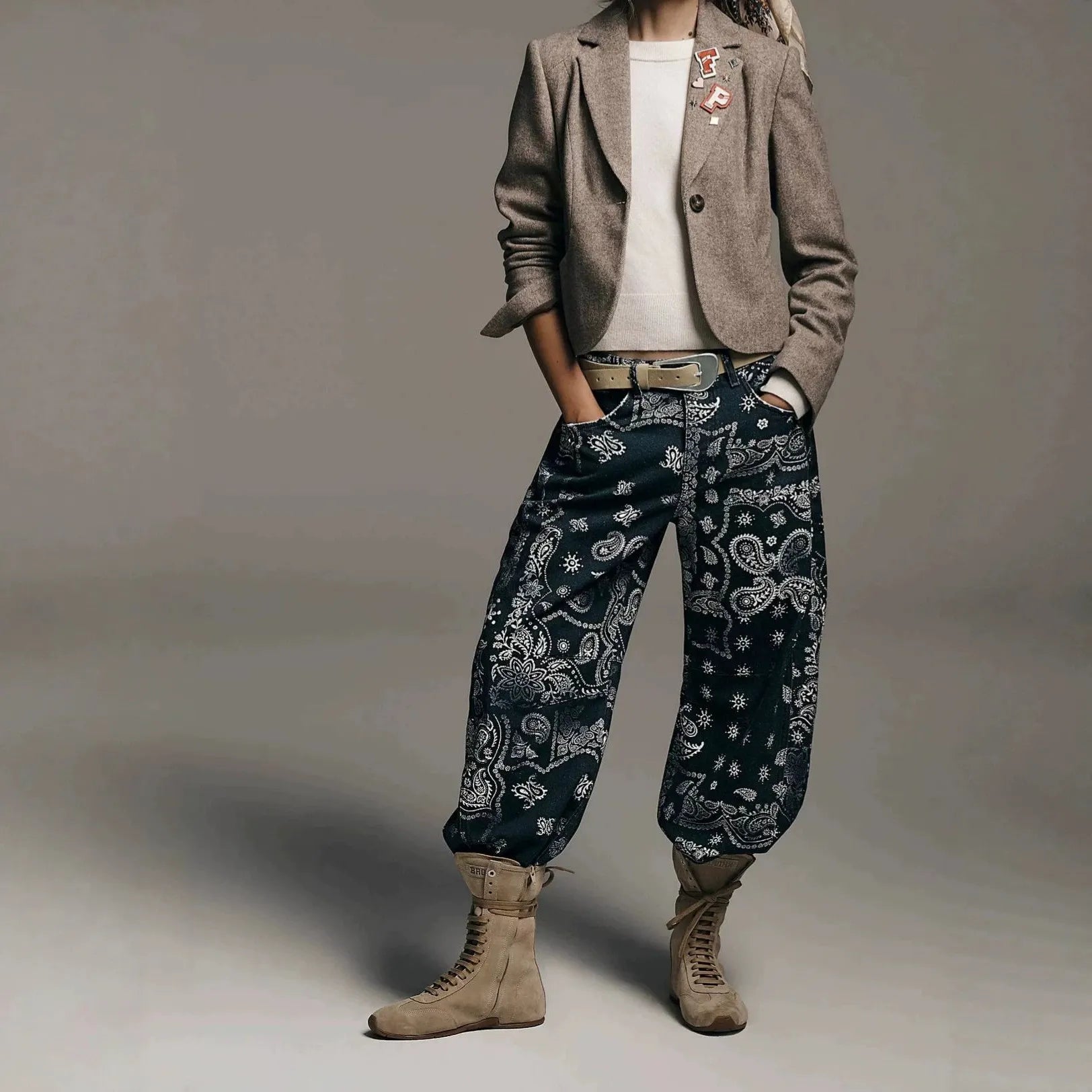 Mid‑Waist Striped Printed Loose Barrel Jeans