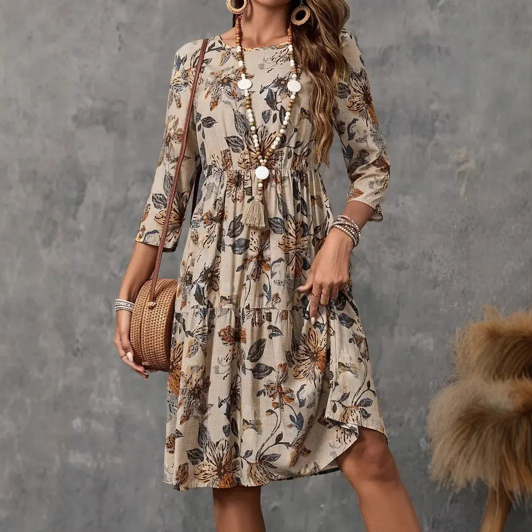 Round Neck All Over Floral Print High Waist Lantern Sleeve A-Line Midi Dress