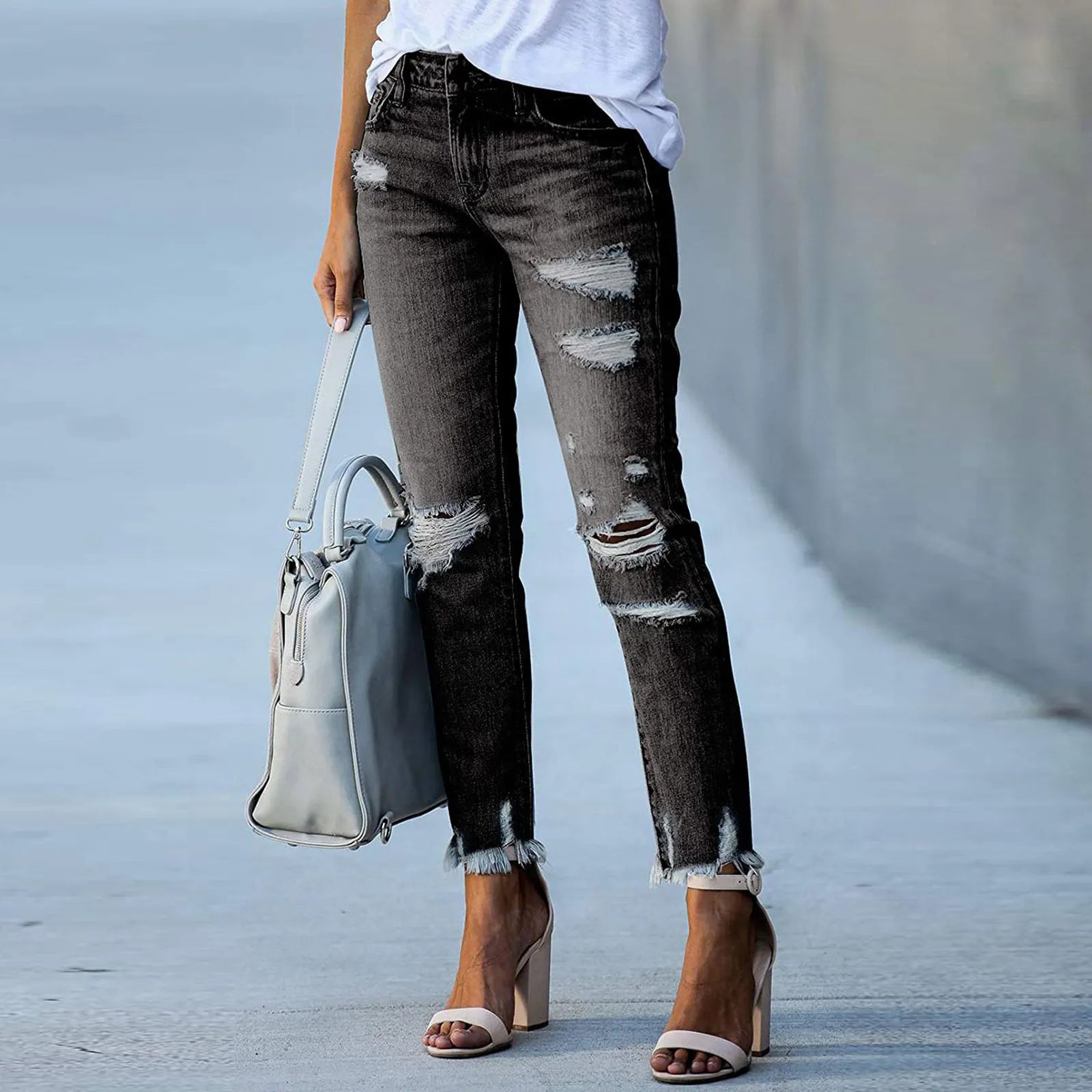 Black Distressed Ripped Cropped Jeans
