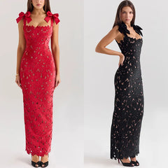 Lace Applique Bow Strap Bodycon Maxi Dress