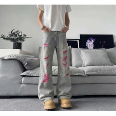 Men Mid Waist Contrast Ripped Wide Leg Jeans