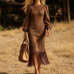 Fall Western Style Burgundy Faux Suede Dress Puff Sleeve Fringe Trim Side Slit Midi Dress for Women