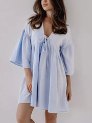 V-Neck Tie Front Flare Sleeve Crinkle Mini Dress