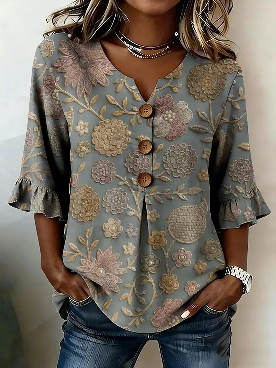 Round Neck Floral Printed Single Breasted 3/4 Ruffle Sleeve Loose Blouse