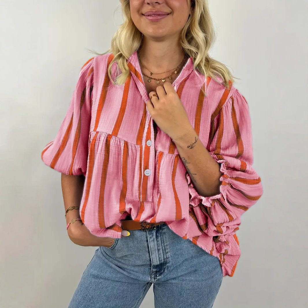 Striped Button-Down Bubble Sleeve Blouse