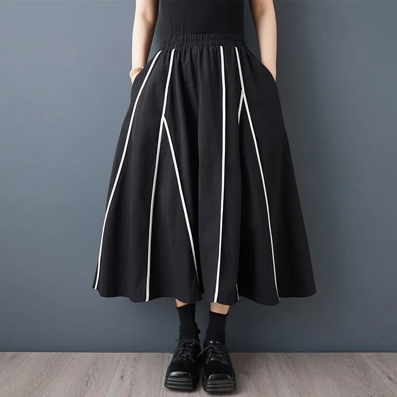 Elastic Waist Striped A-Line Midi Skirt