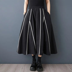 Elastic Waist Striped A-Line Midi Skirt