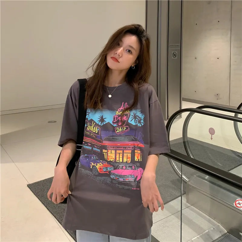 Oversized Crew Neck Retro Car Diner Graphic Loose Short Sleeve T-Shirt