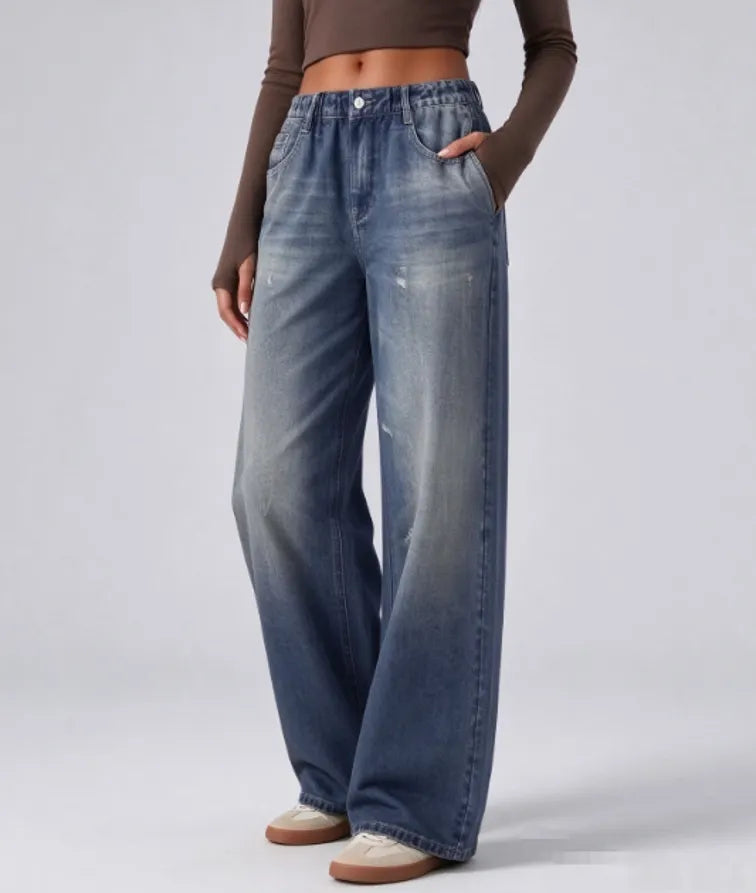 High Waist Faux Denim Wide Leg Trousers, Stretchy Elastic Waist Casual Pants