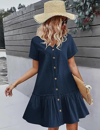 V Neck Short Sleeve Button Down Ruffle Hem Midi Dress