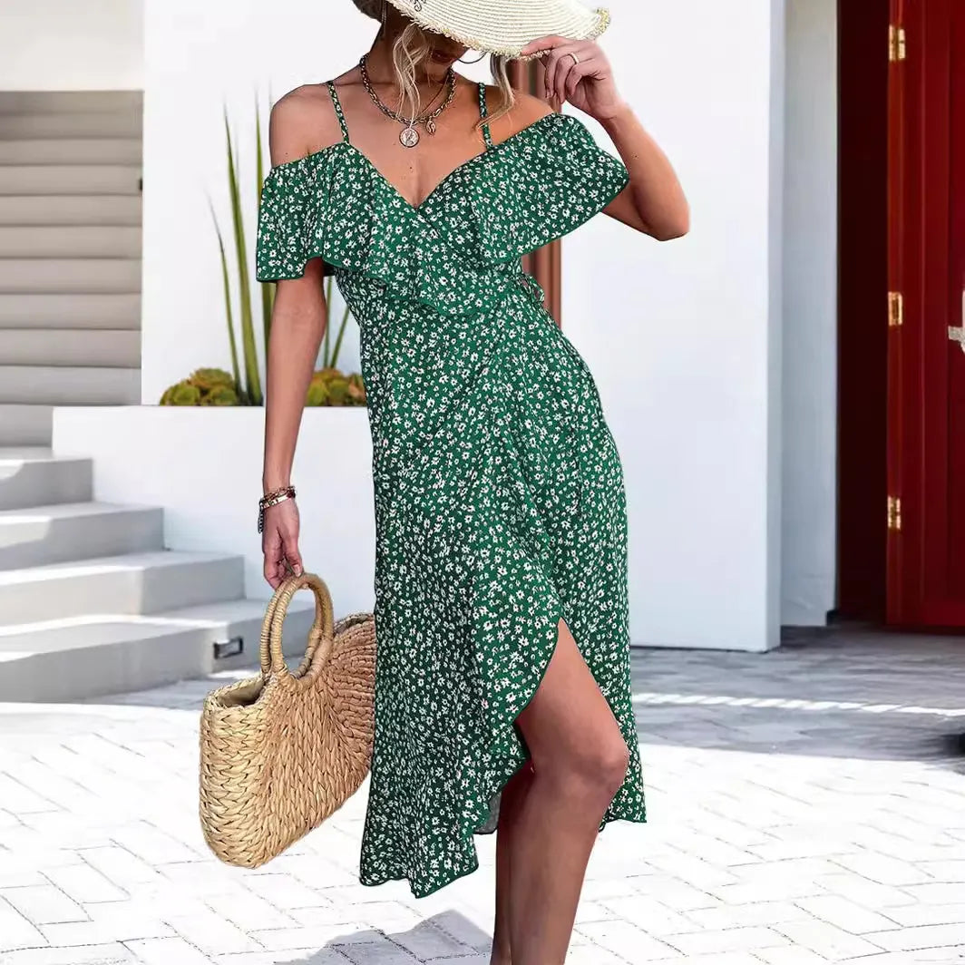 Off-Shoulder Ruffle Wrap Floral Midi Dress