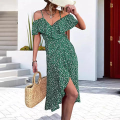Off-Shoulder Ruffle Wrap Floral Midi Dress