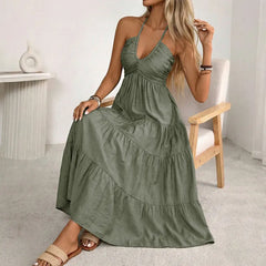 Green Halter Neck Tiered Maxi Dress