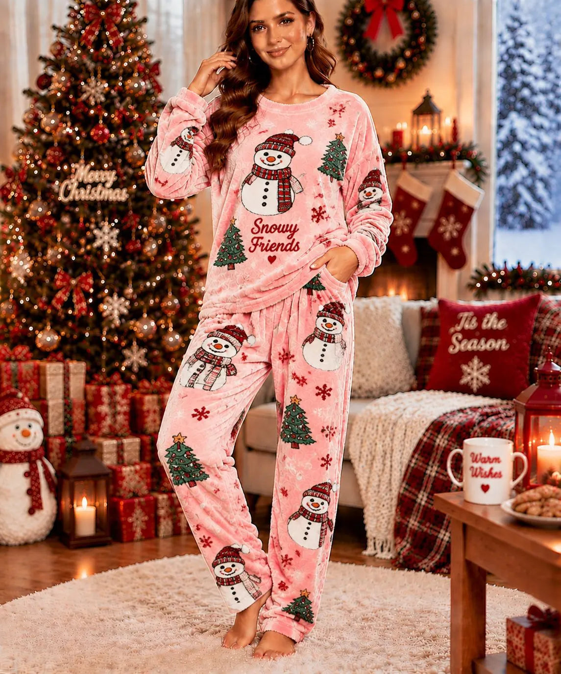 Cute Christmas Snowman Fleece Loungewear Set Round Neck Long Sleeve Top & Elastic Waist Full Length Pants