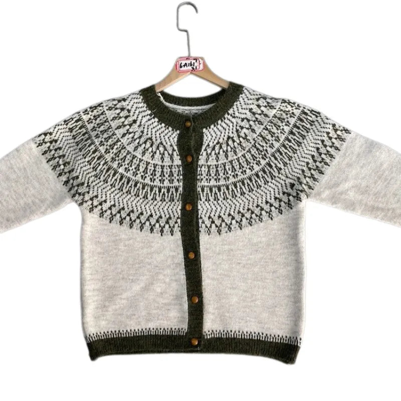 Nordic Geometric Pattern Knit Cardigan Round Neck Button Front Cozy Long Sleeve Sweater for Women