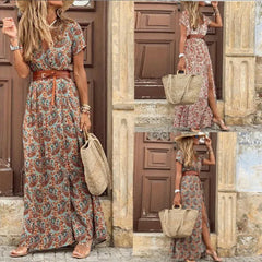 Wrap V Neck Short Sleeve Floral Print Maxi Dress