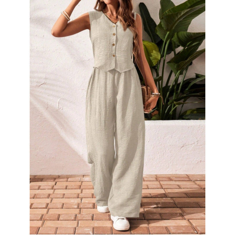 Green V-Neck Button Vest & Wide-Leg Pants Two-Piece Set