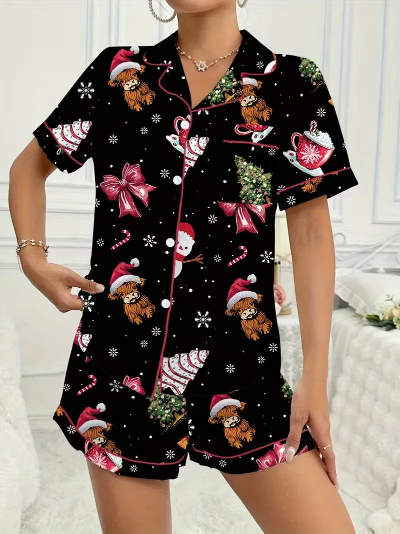 Ladies Plus Size Friendly Satin Pajama Set Cute Panda Heart Pattern Short Sleeve Top & Elastic Shorts Nightwear