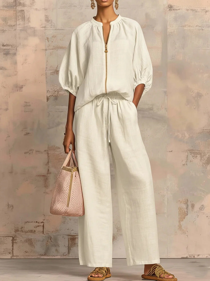 Stand Collar Gold Zip Linen 2 Piece Outfit, Puff Sleeve Drawstring High Waist Wide Leg Pocket Pants
