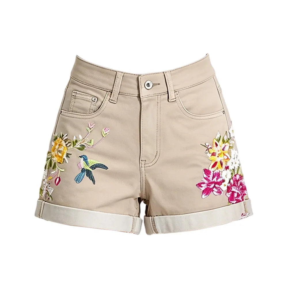 Boho Floral Bird Embroidered Denim Shorts
