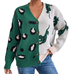 Color Block Leopard Tiger Print Knit Cardigan V Neck Button Down Oversized Sweater Coat