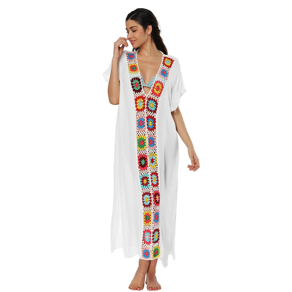 Colorful Crochet V-Neck Batwing Sleeve Loose Long Cover-Up Dress
