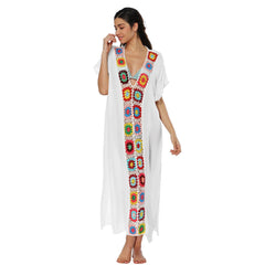 Colorful Crochet V-Neck Batwing Sleeve Loose Long Cover-Up Dress