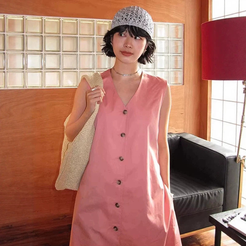 Halloween Dress, V Neck Sleeveless Button Front Solid Color Casual A-line Mini Dress