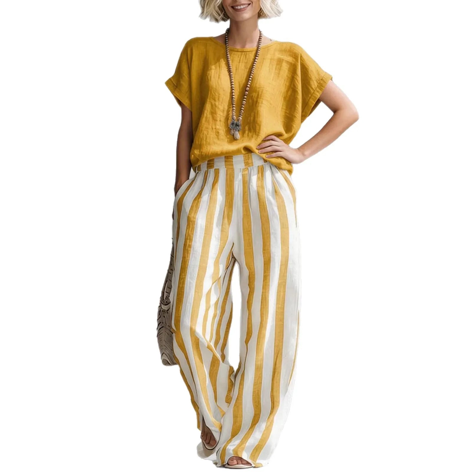 Solid Color Short-Sleeve Top & Striped Wide-Leg Pants Set