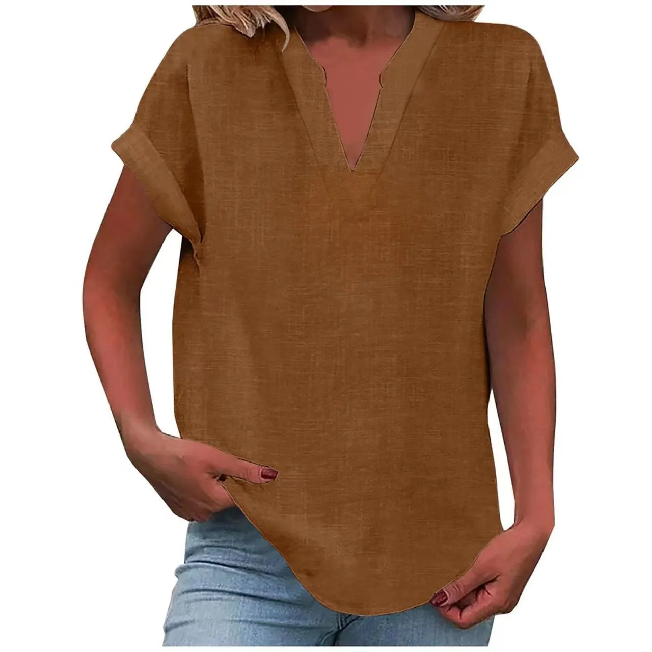 Notched V Neck Cuffed Short Sleeve Loose Cotton Linen Blouse
