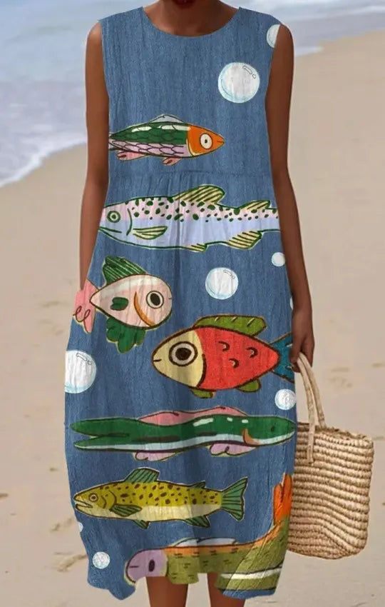 Round Neck Sleeveless 3D Floral Print Loose A-Line Midi Dress