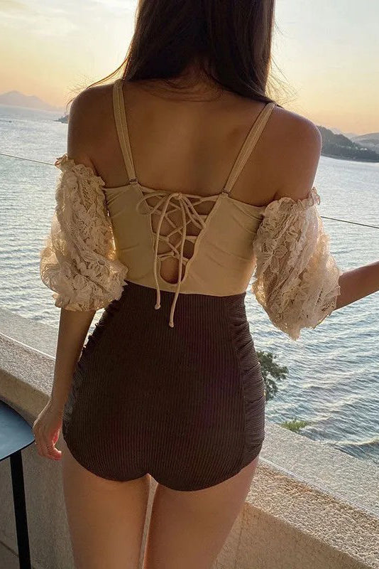 Lace Strappy Short Sleeve One Piece Swimwear Bikini Swimsuit