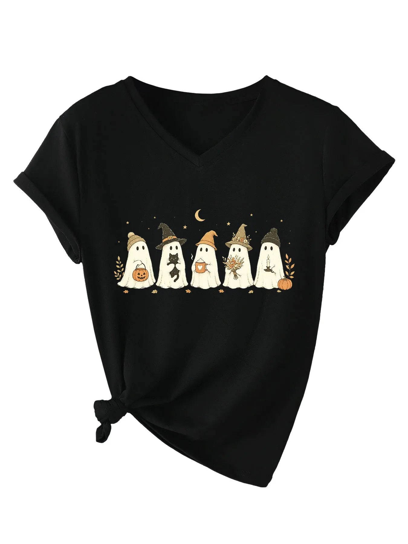 Cute Fall Ghosts Halloween V‑Neck T‑Shirt