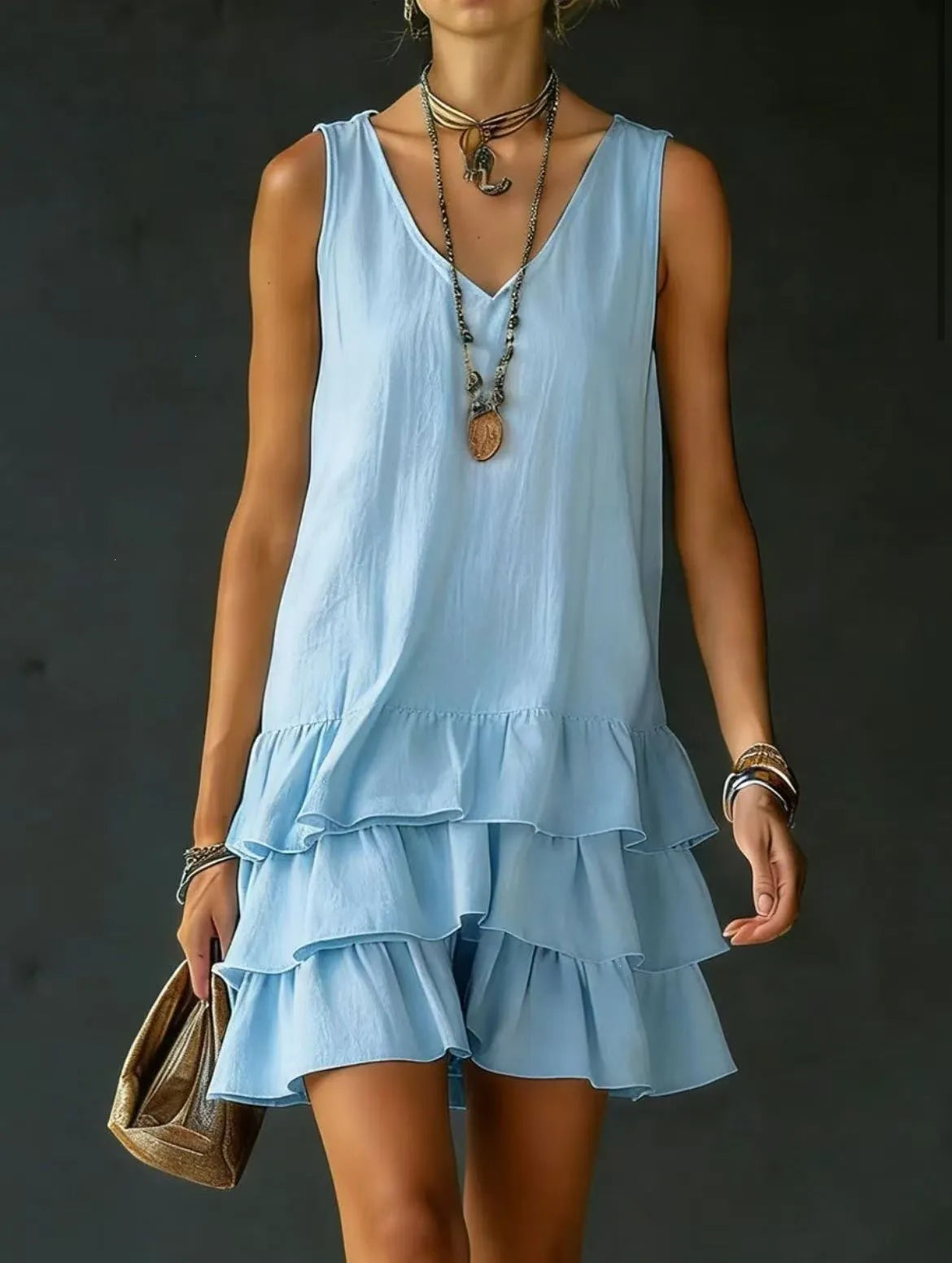 Sleeveless V-Neck Loose Tiered Ruffle Hem Solid Casual Mini Dress