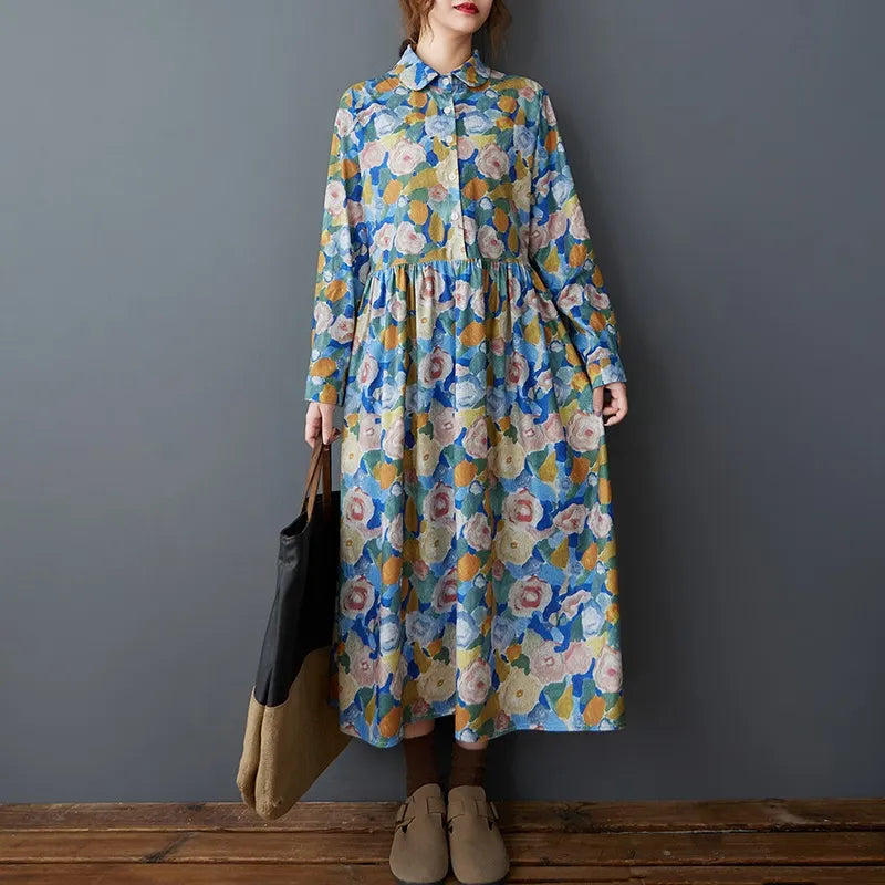 Floral Turn-Down Collar A-Line Midi Dress