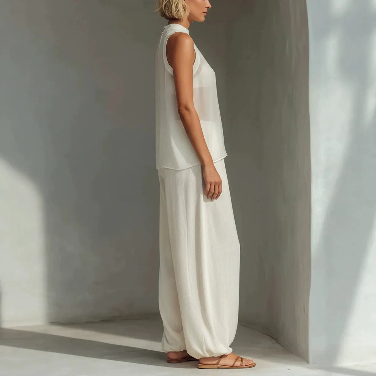 Sleeveless High Neck Flowy Top & Wide Leg Linen-Blend Pants Set