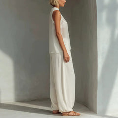 Sleeveless High Neck Flowy Top & Wide Leg Linen-Blend Pants Set