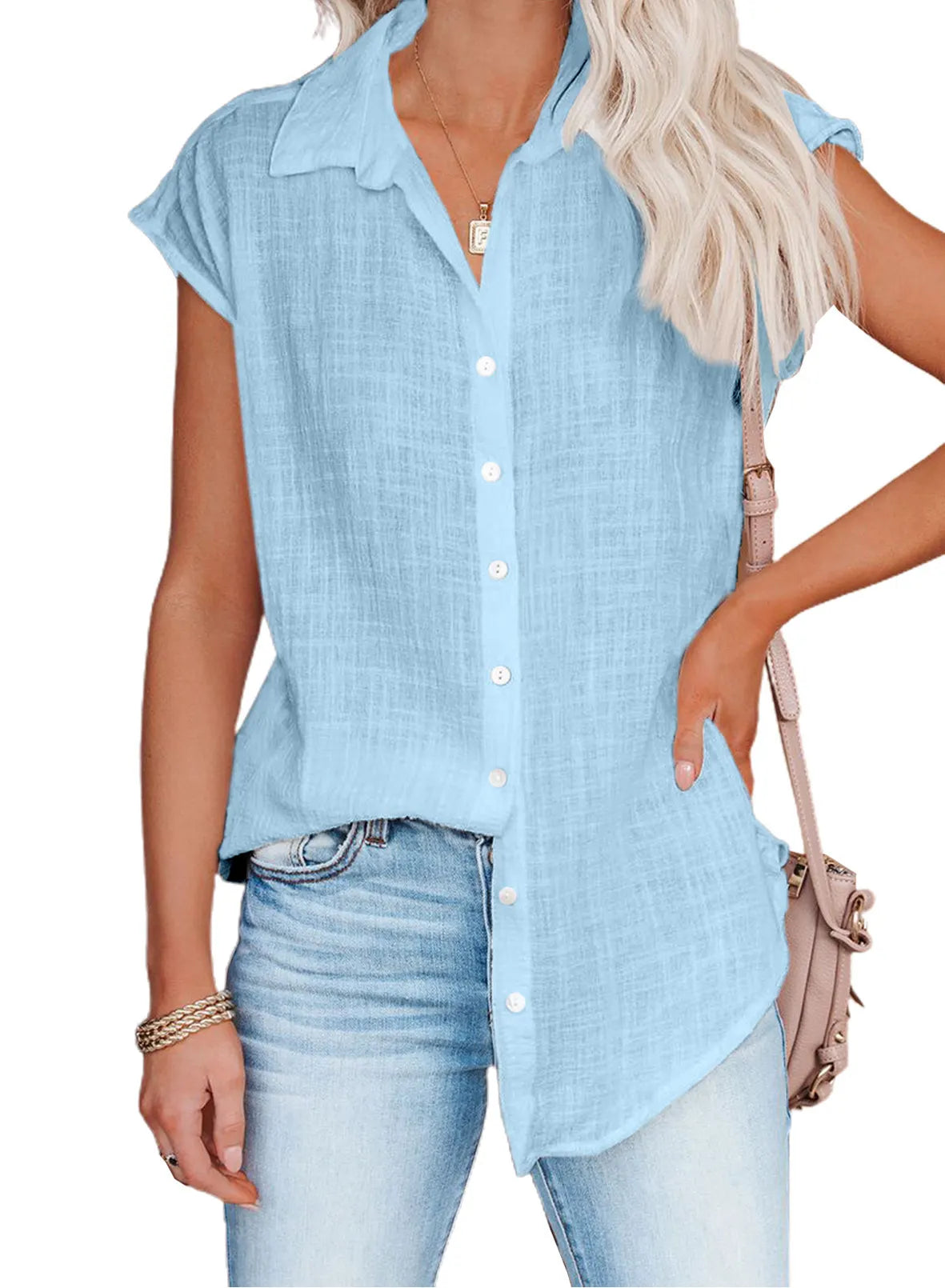 White Sleeveless Button Down Shirt, Loose Fit Linen Blend Blouse for Summer