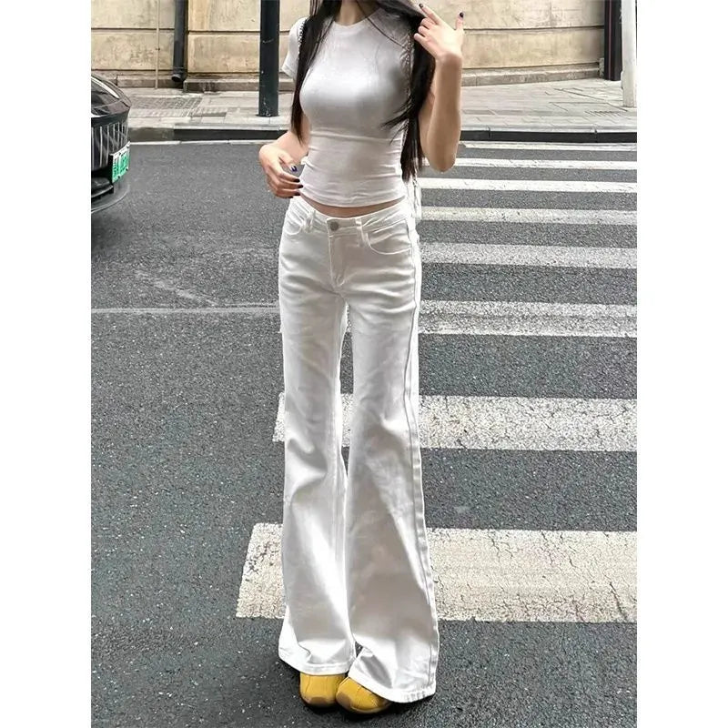 Low Rise Solid White Flare Denim Jeans