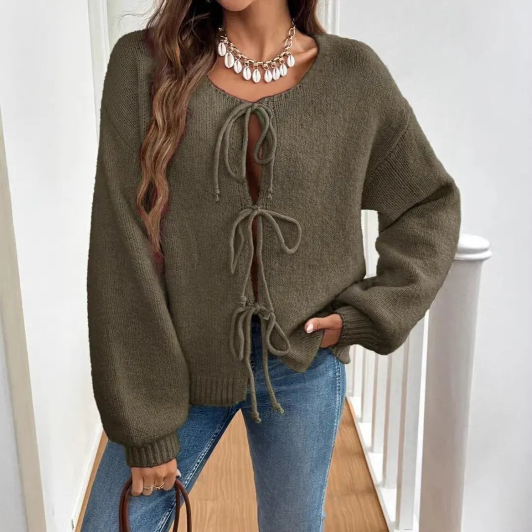 Multiple Drawstring Open Front Knit Top Long Sleeve Casual Oversized Cardigan