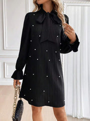 Bow Tie Pearl Long Sleeve Shift Mini Dress