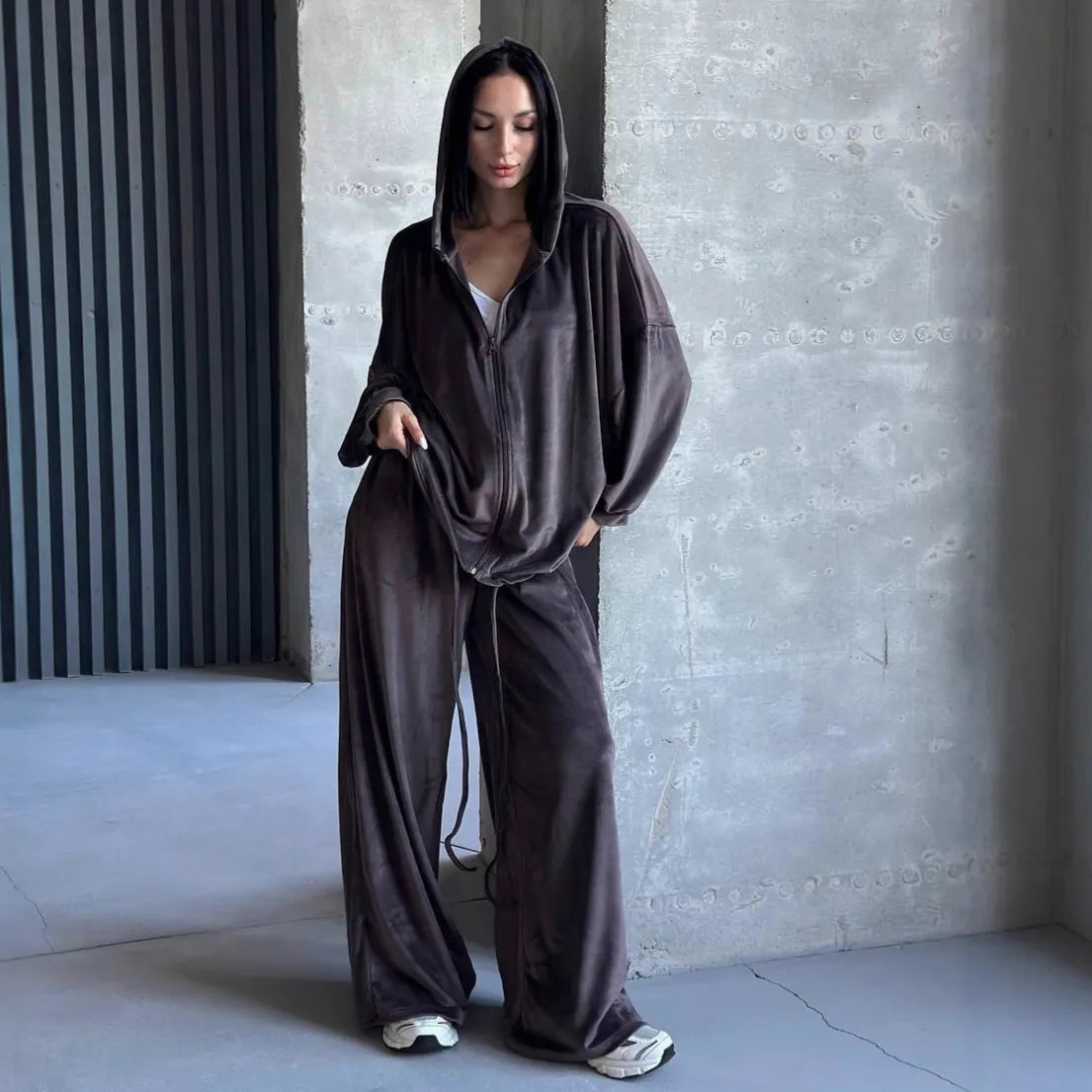 Solid Casual Long Sleeve Top & Wide Leg Pants Streetwear