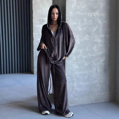 Solid Casual Long Sleeve Top & Wide Leg Pants Streetwear